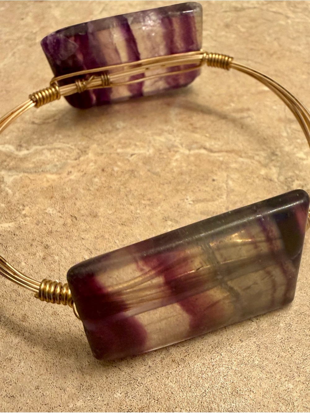Gold Wire Bangle Bracelet with Purple Striped Stone